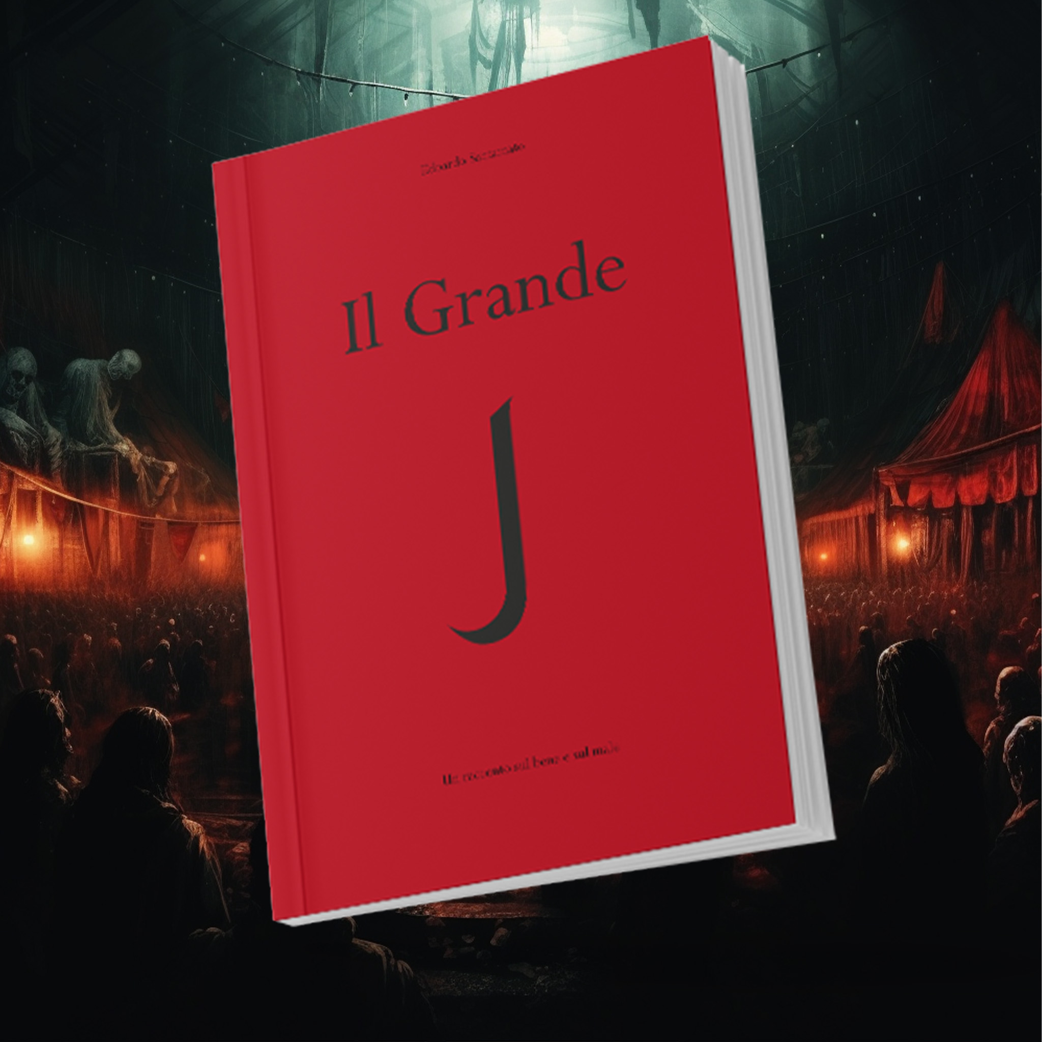 La copertina rossa del libro Il Grande J sospesa sopra la folla di un circo nell'oscurità